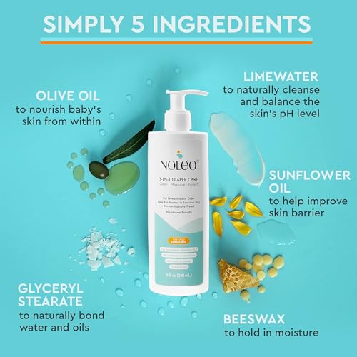 Noleo 3in1 Diaper Care with Organic Cotton Rounds - 300ct Lint Free Small Cotton Rounds - 8oz All-in-One Baby Cleanser, Lotion & Diaper Rash Cream