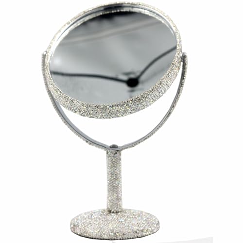 Bling Bling 6-Inch Double-Sided Tabletop Makeup Mirror, Oval Metal Makeup Mirror with 1:2 Magnifying Mirror, Rotating Mirror for Vanity (Silver)