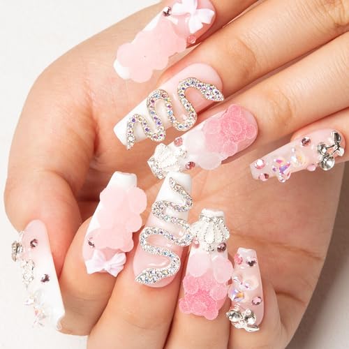 LOVFUL Press on Nails Marshmallo Gummy Bear Square | Handmade with Full Covered Crystals | Reusable Fake Nails | Coffin Classic Regular 1.3 in | H26-M