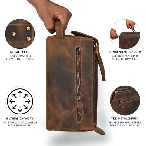 LEATHER VILLAGE Genuine Leather Travel Toiletry Bag - Water-Resistant Dopp Kit for Toiletries, Large Shaving Bag & Bathroom Organizer - Gift for Men & Women - Rustic Brown