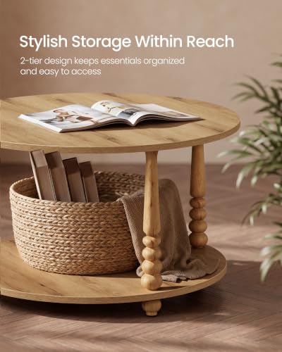 VASAGLE Natural Brown 2-Tier Round Coffee Table with Storage & Wooden Legs