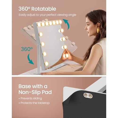 SONGMICS Vanity Makeup Mirror with Lights, Touch Control, 15 LED Bulbs, with Charging Ports, Detachable 10X Magnifying Mirror, 3 Color Temperatures, Dimmable, Phone Holder, Matte White ULWM001W01V1