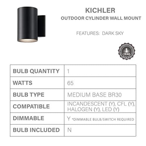 Kichler 7-Inch Black Outdoor Wall Sconce - Pack of 2, Exterior Cylinder Light