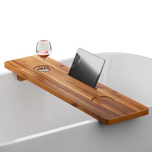 Tinamo Acacia Bathtub Caddy Tray Table | 35x9 Inch Large Bath Tub Wooden | Anti-Tipping, Sustainable Tub Tray for Bath tub | Bath-tub Accessories Holders for Bath-tub (Acacia, 35" x 9" x 2.5")