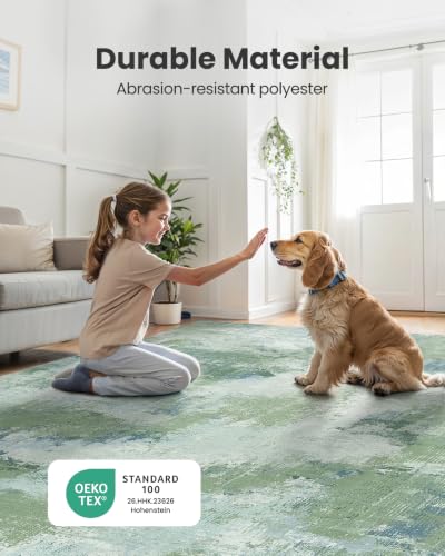 Green 8x10 Abstract Area Rug - Washable Living Room Carpet, Low Pile