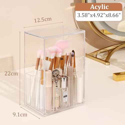Acrylic Makeup Brush Holder with Slanted Flip-Top Lid - Clear Dustproof Cosmetic Make up Brush Organizer and Storage Box - Large Capacity 17-Slots Container for Vanity Brushes (Transparent)