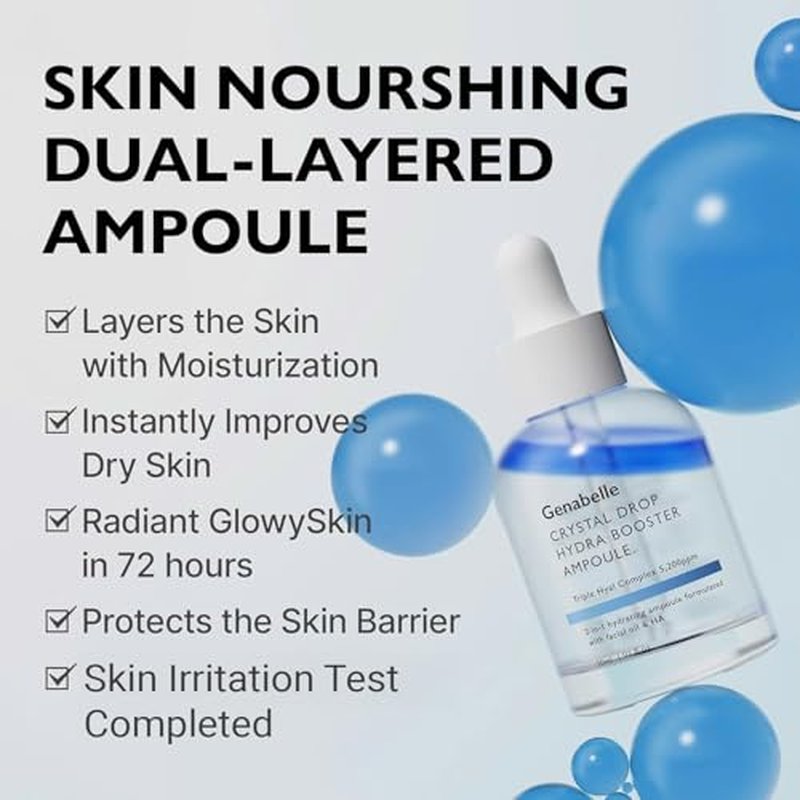 Genabelle Crystal Drop Hydra Booster Ampoule ? Hydrating Serum with Hyaluronic Acid, Panthenol & Jojoba Oil for Skin Barrier and Glow ? 1.01 fl.oz