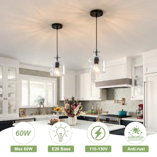 2 Pack Black Hammered Glass Pendant Lights - Adjustable Farmhouse Kitchen Island Fixture