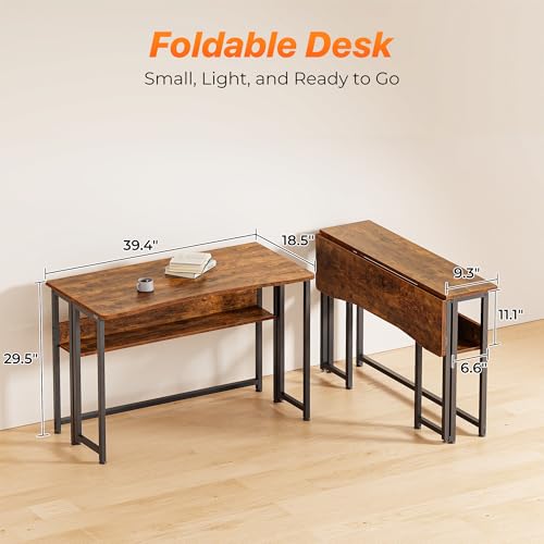 Rustic Brown Folding Desk with Storage Shelf - 39.4 Inch Compact Computer Table
