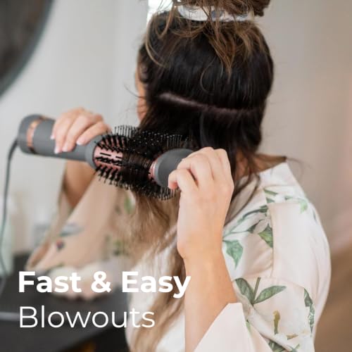 Hairitage Volumizing Blow Dry Brush & Hair Dryer - Ceramic Tourmaline, 2 Heat Settings, Frizz-Free Styling