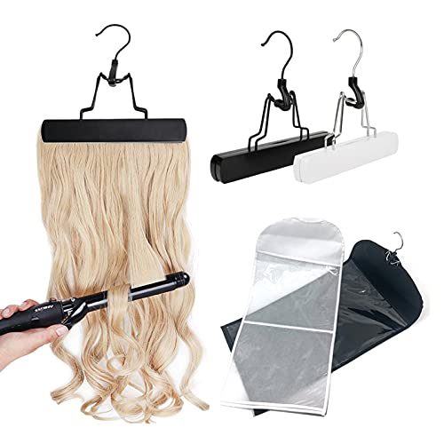 Wooden Hanger 24'' Dust Cover Hair Extensions Holder & Storage Bag - 2 PCS, Black & White