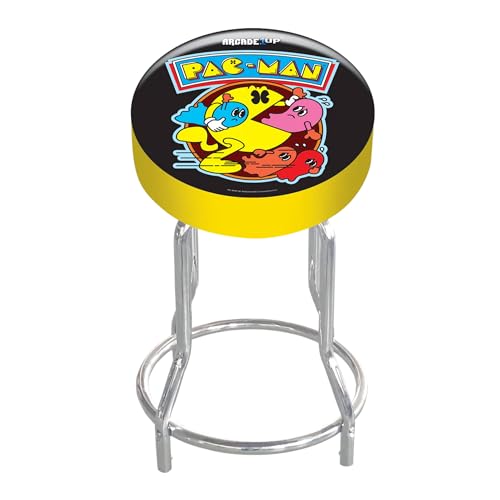 Modern Pac-Man Arcade Game Stool - Adjustable Padded Seat, Steel Frame, Chrome Finish, Leg Extenders, Home Use