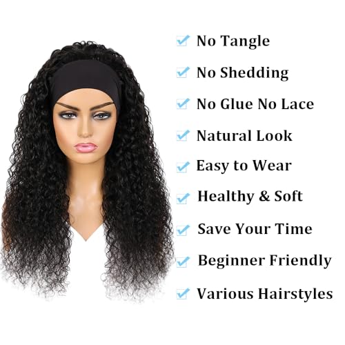 Deep Wave Headband Wig 18 Inch Human Hair Curly No Lace Glueless for Black Women - Natural Color
