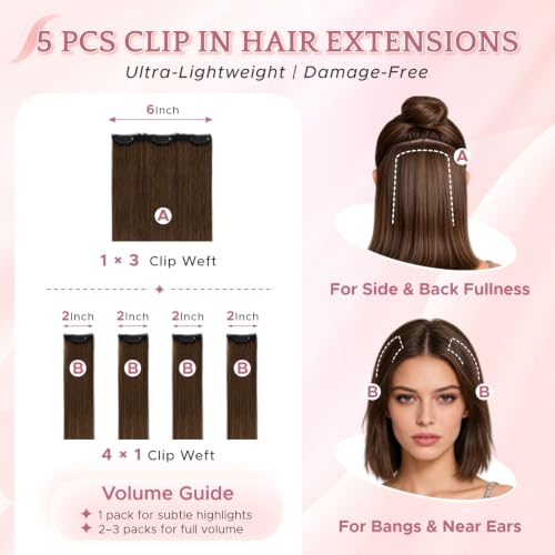Medium Brown Clip-In Hair Extensions 14 Inch Real Human Hair - 5pcs Set