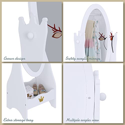 Kids Full Length Floor Mirror with Crown Design, Adjustable Angle & Storage