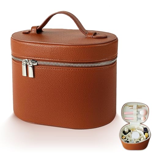 Makeup Case, Large Capacity Leather Makeup Bag with Removable Washable Compartment, Portable Waterproof Leather Cosmetic Case, Multi-functional Travel Organizer, Brown