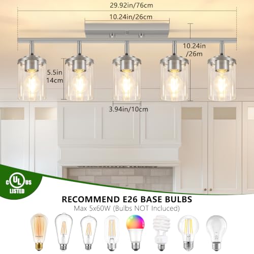 Brushed Nickel 5-Light Track Ceiling Light Fixture with Clear Glass Shades — Modern Adjustable Spotlight for Kitchen Living Room Hallway