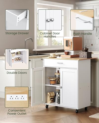 Kitchen Island Cart with Drop Leaf, Power Strip, Storage Cabinet & Drawer - White & Natural