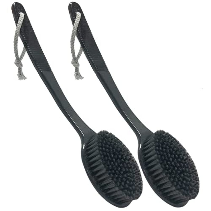 Back Bath Brush - Curved Long Handle Shower Brush with Medium Stiff Charcoal Bristles for Cleaning and Exfoliating Body, Back Scrubber for Men & Women (Black 2 Pack)