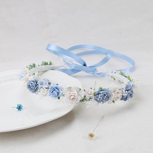 Dusty Blue Toddler Flower Crown with Baby's Breath for Weddings & Photos