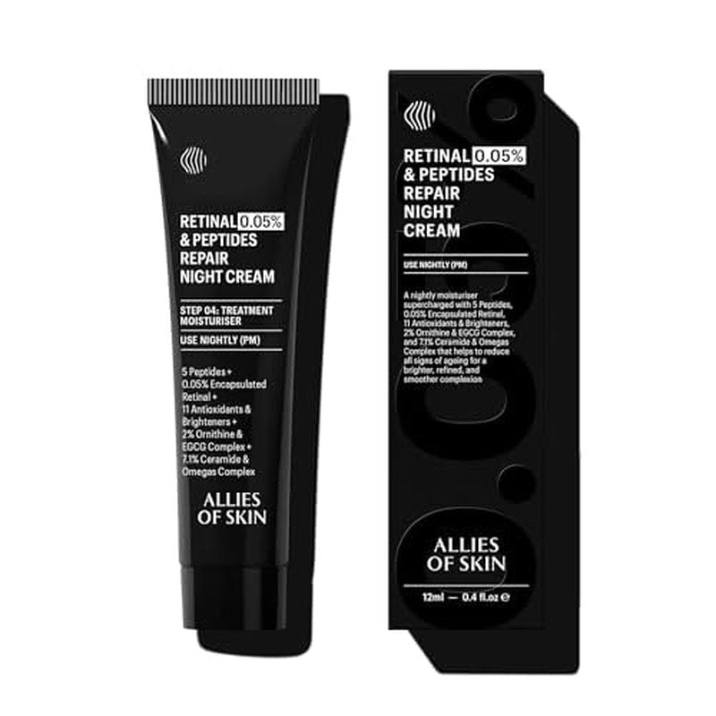 Allies of Skin Retinal 0.05% Peptides Repair Night Cream Travel Size | 7% Ceramides & Omegas Complex Boost Hydration | Daily Treatment for Wrinkles, Fine Lines and Uneven Tone | 0.4 fl oz.