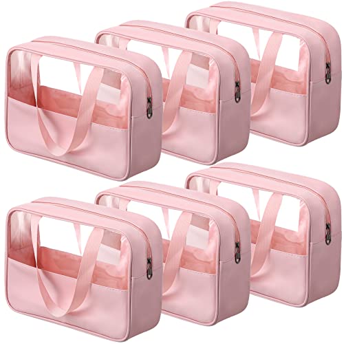 Reginary Pink Large Clear Makeup Bags Set - Travel Toiletry Organizer with Handle Strap, Waterproof Cosmetic Storage, 6 Pieces
