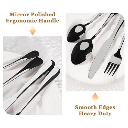 48-Piece Silverware Set with Steak Knives - Black Flatware for 8 - Food-Grade Stainless Steel - Elegant Mirror Finish