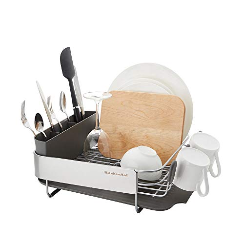 KitchenAid Compact Gray Dish Rack - Space Saving Rust-Resistant with Drain Board & Flatware Caddy - 16.06-Inch