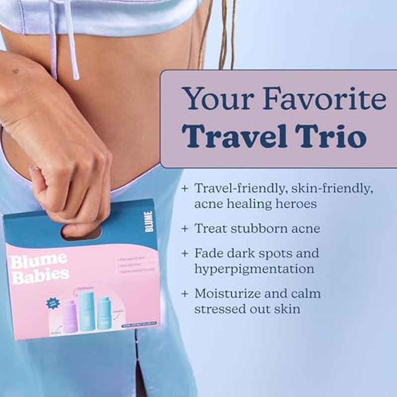 Blume Babies Travel Size Skin Care Set - Acne & Scar Treatment Travel Size Toiletries - Meltdown Acne Face Oil, Milky Fade Vitamin C Serum & Meltdown Gel Moisturizer - TSA-Approved Skincare Set (3 Ct)