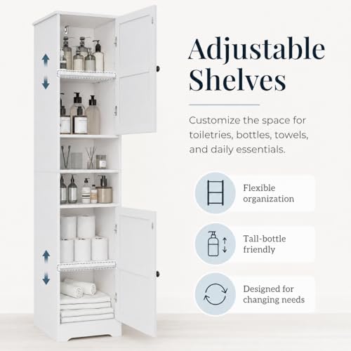 Tall Bathroom Storage Cabinet - White Freestanding Vertical Organizer with Adjustable Shelves