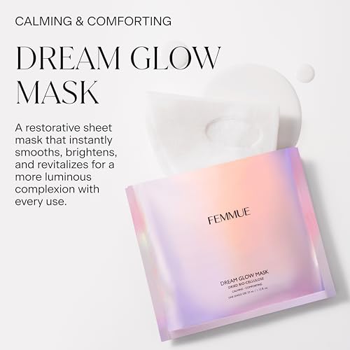 FEMMUE Dream Glow Mask - Calming Comforting (6pk) | Bio-Cellulose Face Sheet Mask with Vitamin Complex | Hydrating & Anti-Aging | Korean Skincare Treatment