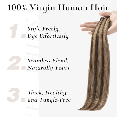 Tape-In Hair Extensions Human Hair 20pcs 22 Inch Chocolate Brown & Caramel Blonde