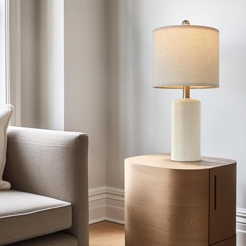 Ceramic Table Lamps Set of 2 - Small Farmhouse Bedside Lamps with Linen Shades - Lime White Variation