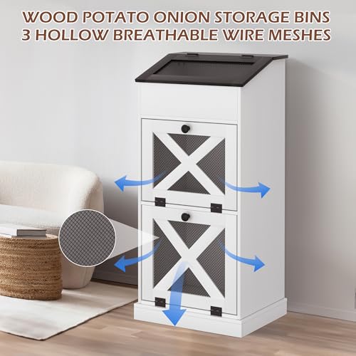 Wooden Potato and Onion Storage Bin with Lid - White, Large Capacity & Ventilated Kitchen Organizer