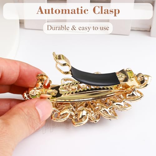Large Gold-Plated Rhinestone Hair Barrette - Colorful Floral Style, 3.5 Inch - Variation: Colorful