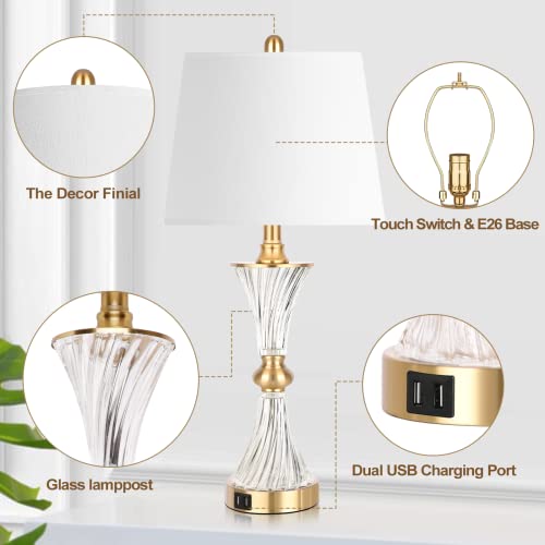Hamucd Gold Glass Touch Table Lamps Set of 2 with USB Ports, Dimmable Nightstand Lights