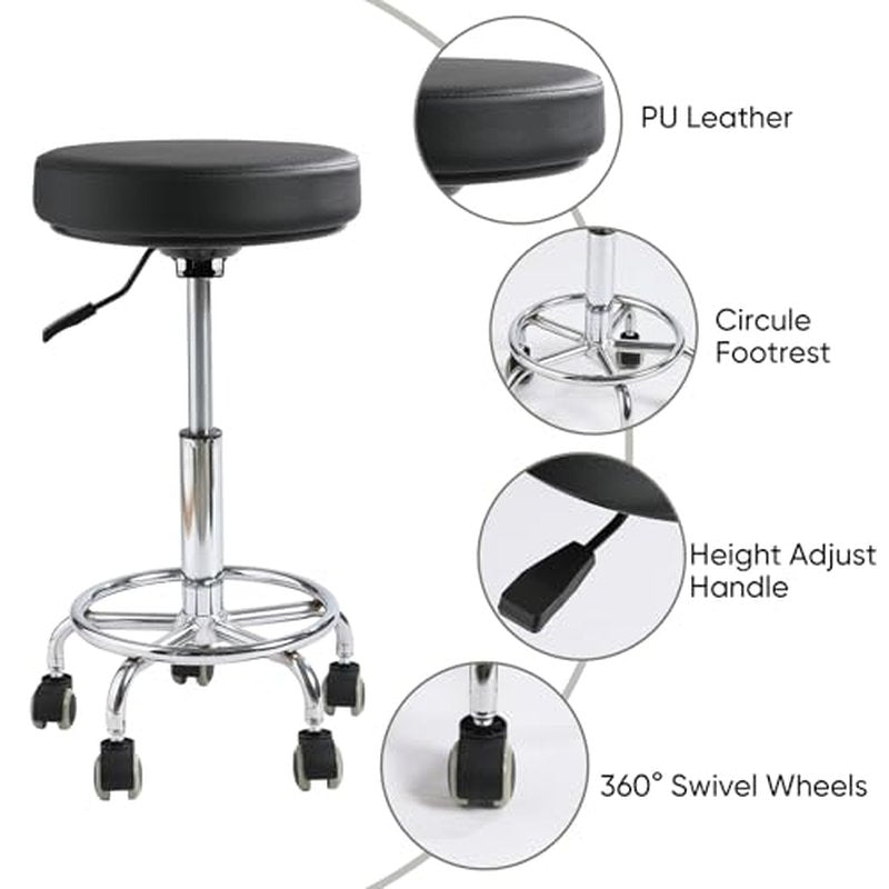 Adjustable Rolling Stool with Wheels - Ergonomic Salon & Tattoo Artist Chair, Office Stool with Comfortable PU Leather Seat,Black
