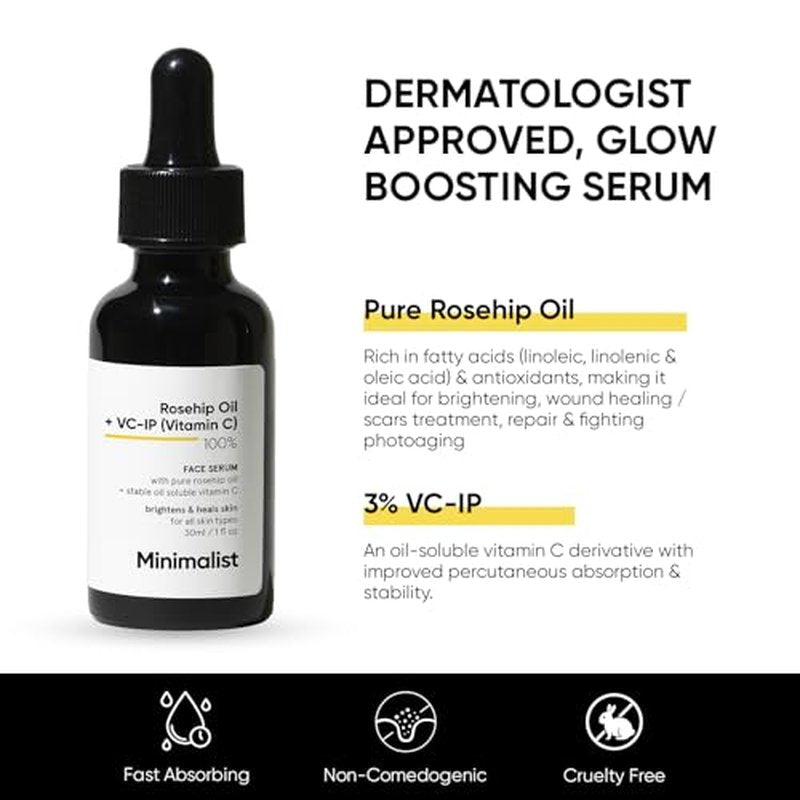 Minimalist Rosehip Oil with Vitamin C for Anti Aging & Glowing Skin | Fades Acne Marks & Scars & Reduces Photoaging | Pure & Cold Pressed | For Women & Men | 1 Fl Oz / 30 ml