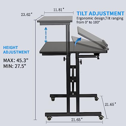 Black Adjustable Mobile Standing Desk with Charging Station & Wheels - 23.6"