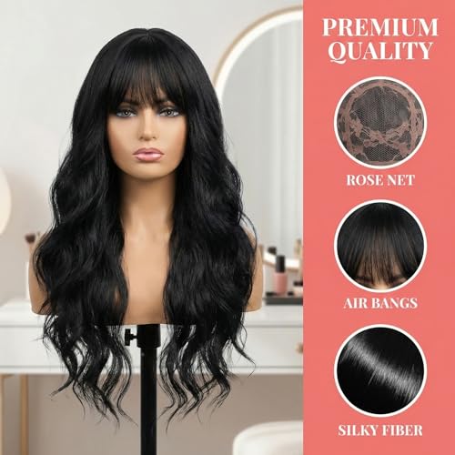 Black Body Wave Wig for Women - 26 Inch Long Synthetic Wig with Bangs - Natural Look - Variation: Black