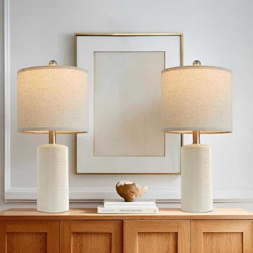 Ceramic Table Lamps Set of 2 - Small Farmhouse Bedside Lamps with Linen Shades - Lime White Variation