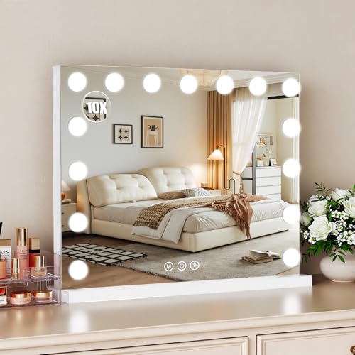 Vanity Mirror with Lights, 23"¡¿18" Large Hollywood Makeup Mirror with 15 Dimmable Bulbs, 3-Color Lighting, Dimmable, 10x Magnification, Desk Mirror, Bedroom (White)