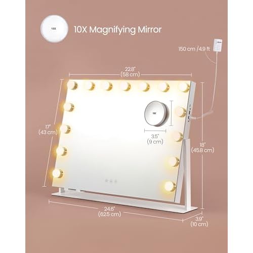 SONGMICS Vanity Makeup Mirror with Lights, Touch Control, 15 LED Bulbs, with Charging Ports, Detachable 10X Magnifying Mirror, 3 Color Temperatures, Dimmable, Phone Holder, Matte White ULWM001W01V1