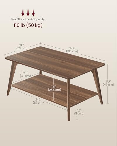 VASAGLE 2-Tier Coffee Table with Storage - Tapered Legs, Chestnut Brown