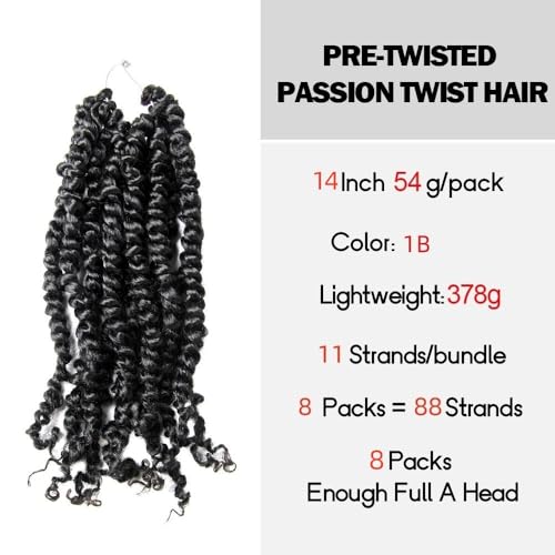 Pre-Twisted Passion Twist Crochet Hair 14in 1B(Natural Black) Pack of 8 by WUDAS