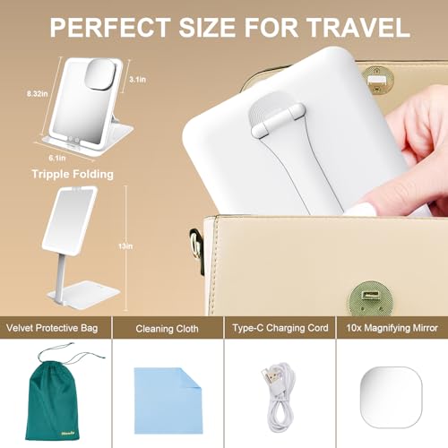 Mocado Foldable Travel Lighted Makeup Mirror with 3 Light Modes, 8" x 6" White