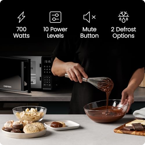 Chefman 0.7 Cu. Ft Countertop Microwave Oven, 700W, 10 Power Levels, 6 Presets, One-Touch Express, Child Lock, Mute, Black