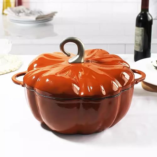 Lebolna 4 Qt Pumpkin Dutch Oven Pot with Lid - Orange Enamel Cast Iron, Halloween & Holiday Kitchenware