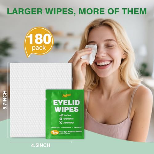 180PCS Tea Tree Oil Eyelid Wipes – Individually Wrapped Eye Lid Cleaning Wipes, Sensitive Skin Friendly