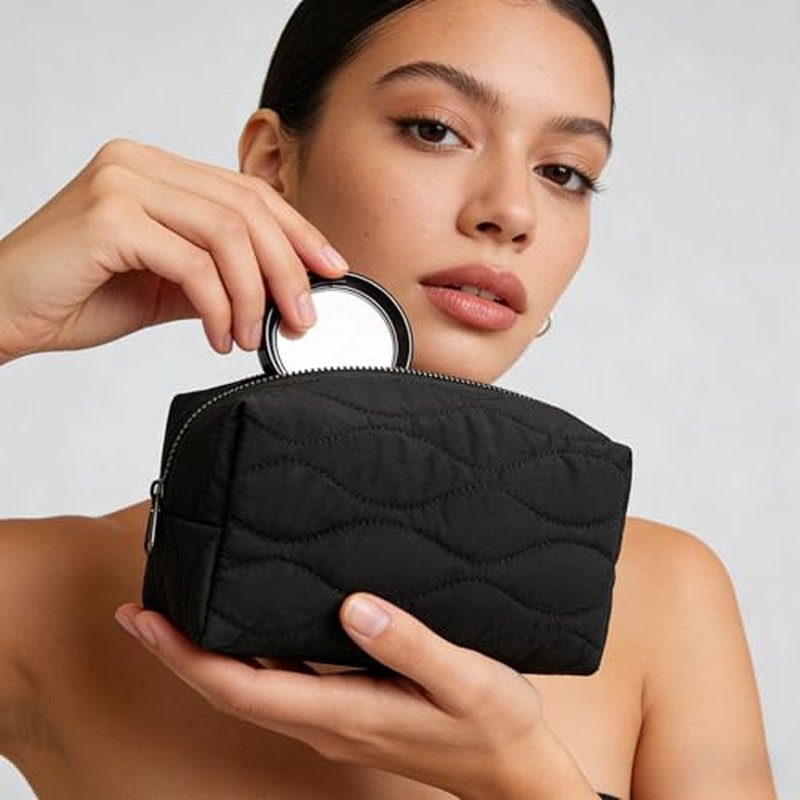 Fluffy Quilted Makeup Bag Suitable for Women and Girls, Multi-pocket Cosmetic Pouch Travel Toiletry Bag for Storing Toiletries Portable Storage Cosmetic Travel Cloth Bag£¨Black£©